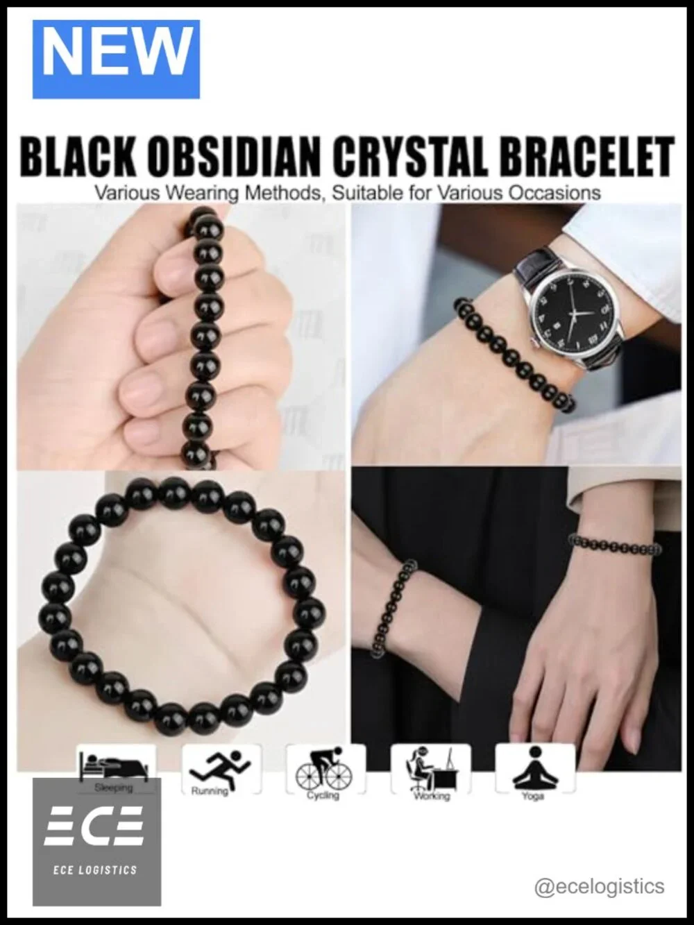 Handmade Obsidian Crystal Beaded Stretch Bracelet 8mm